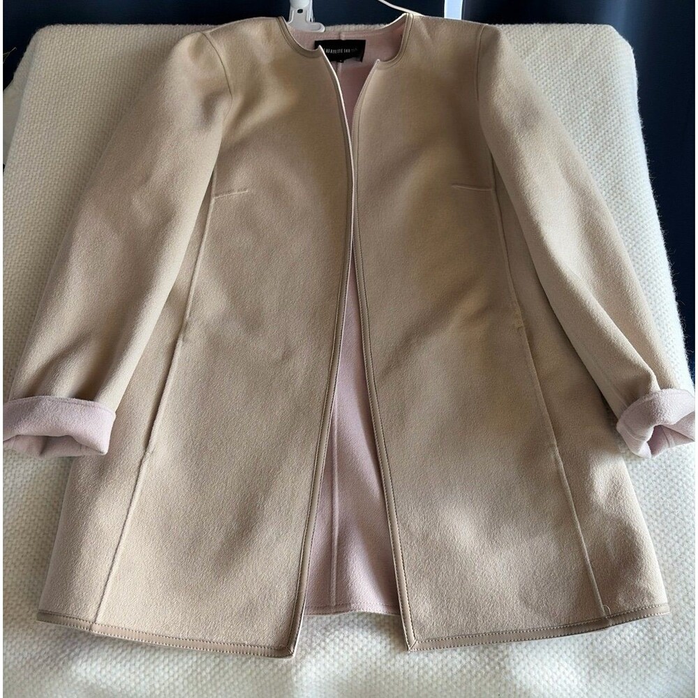 Lafayette 148 New York Wool Cashmere Jacket Beige Size 8 Leather Trim Luxury